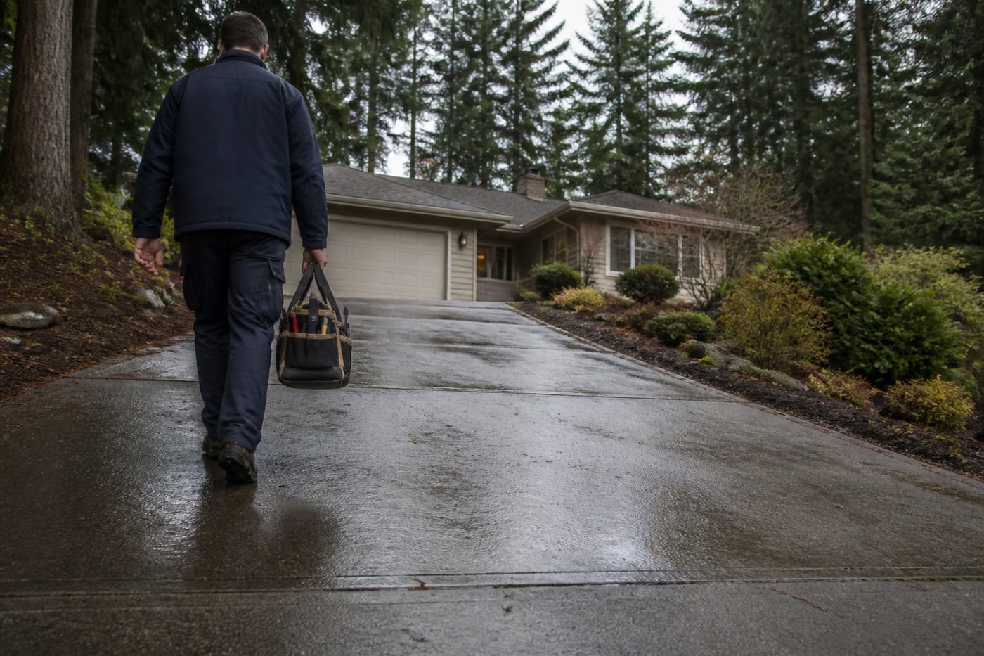 A technician carrying a tool bag up a rainy driveway (placeholder image)