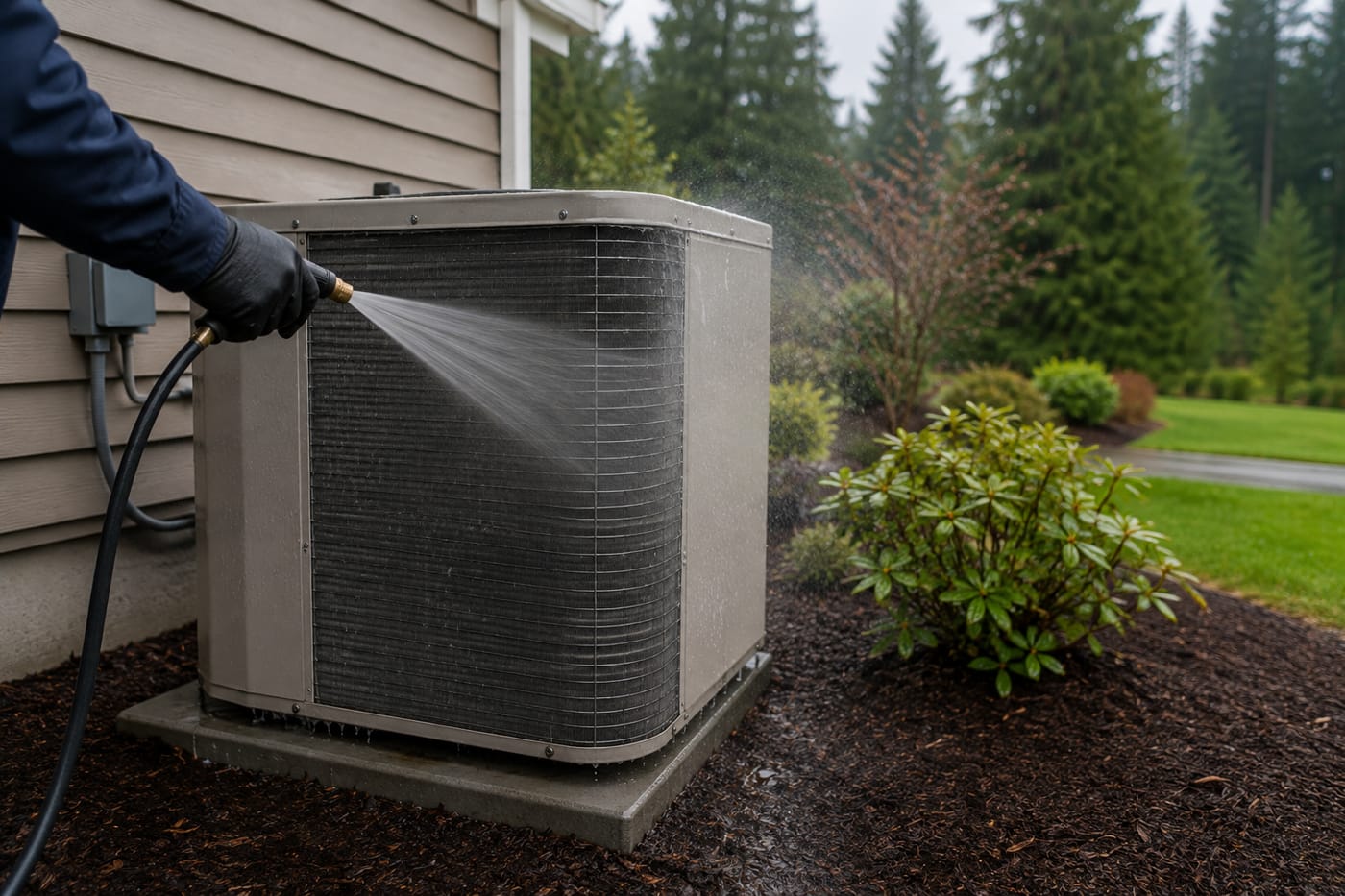Washing an outdoor coil during a maintenance visit (placeholder image)