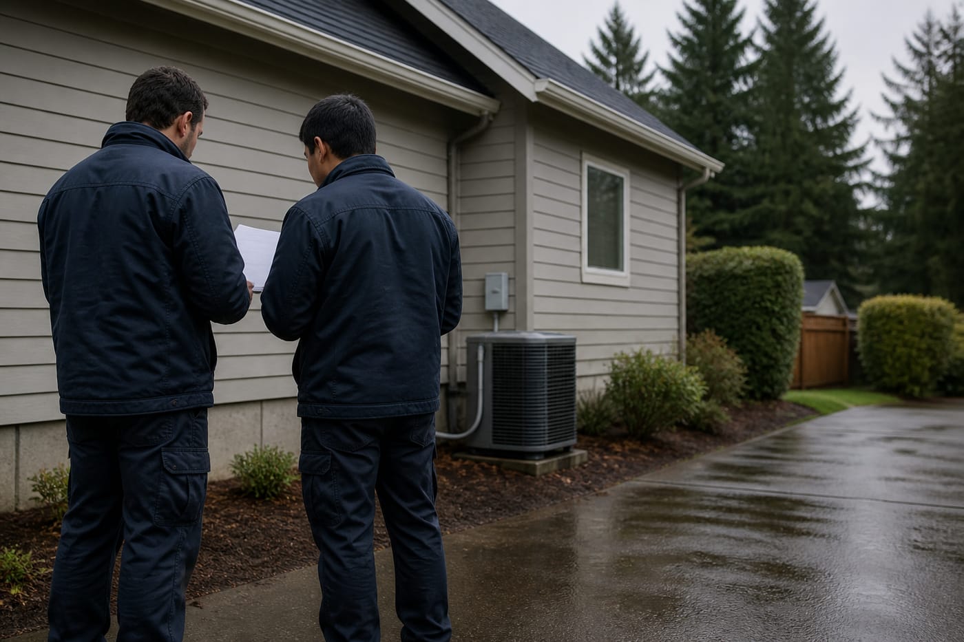 Two technicians reviewing a work order beside a home (placeholder image)