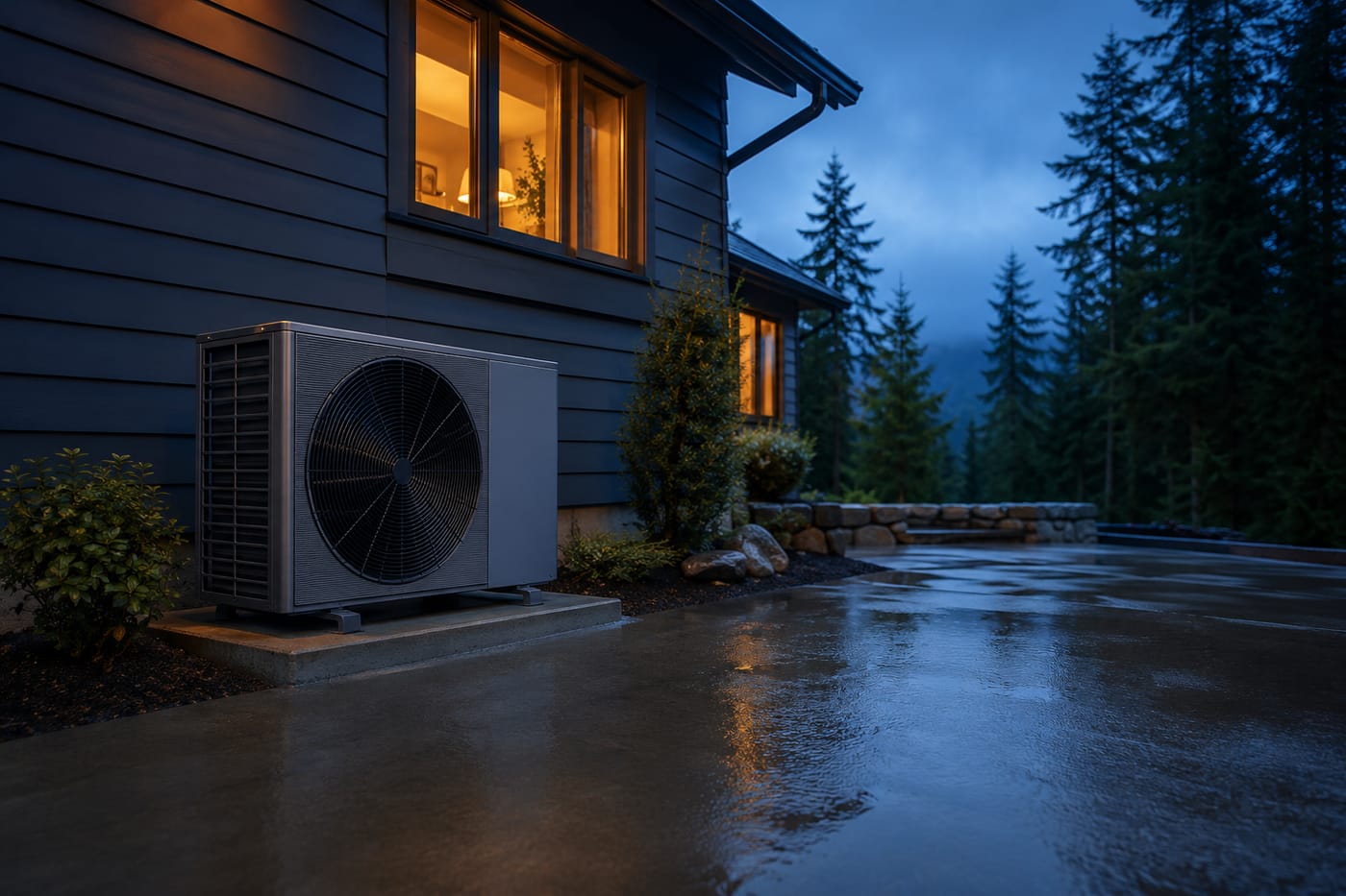 A completed heat pump installation at dusk (placeholder image)