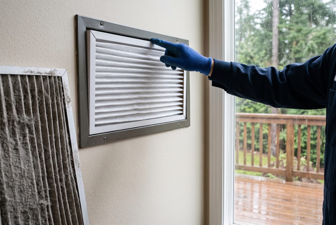 A fresh air filter going into a return grille (placeholder image)