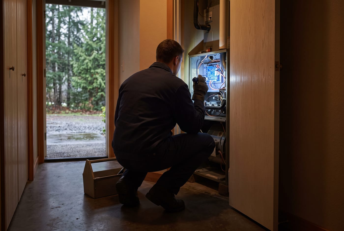 Technician inspecting a furnace by worklight (placeholder image)