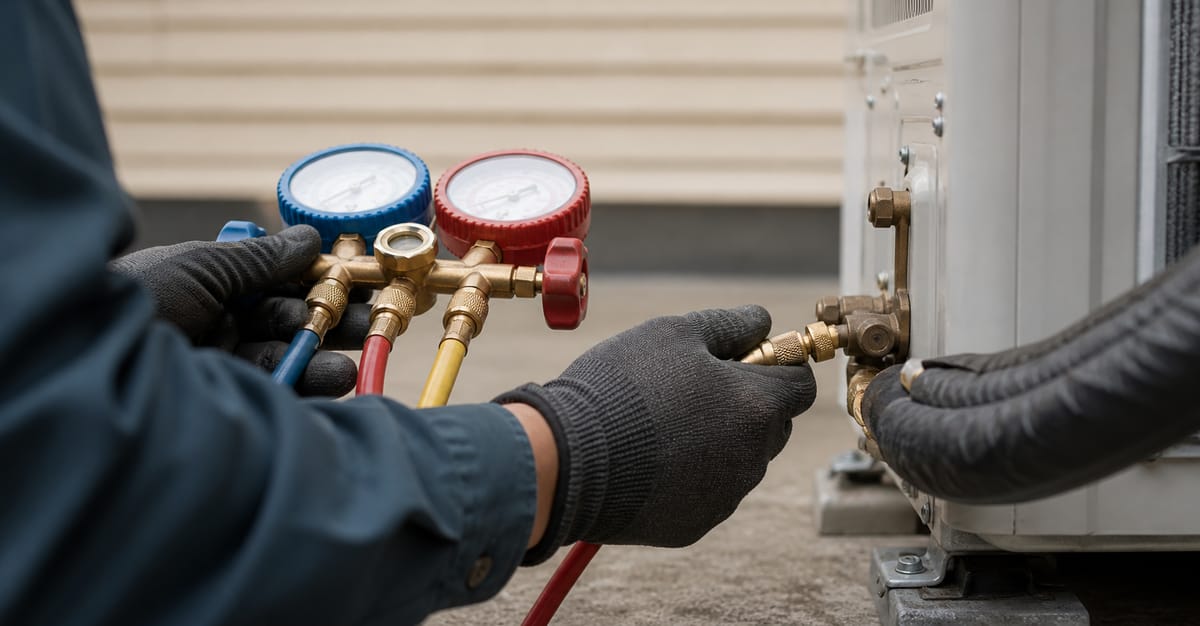 Refrigerant gauges connected during a maintenance visit (placeholder image)