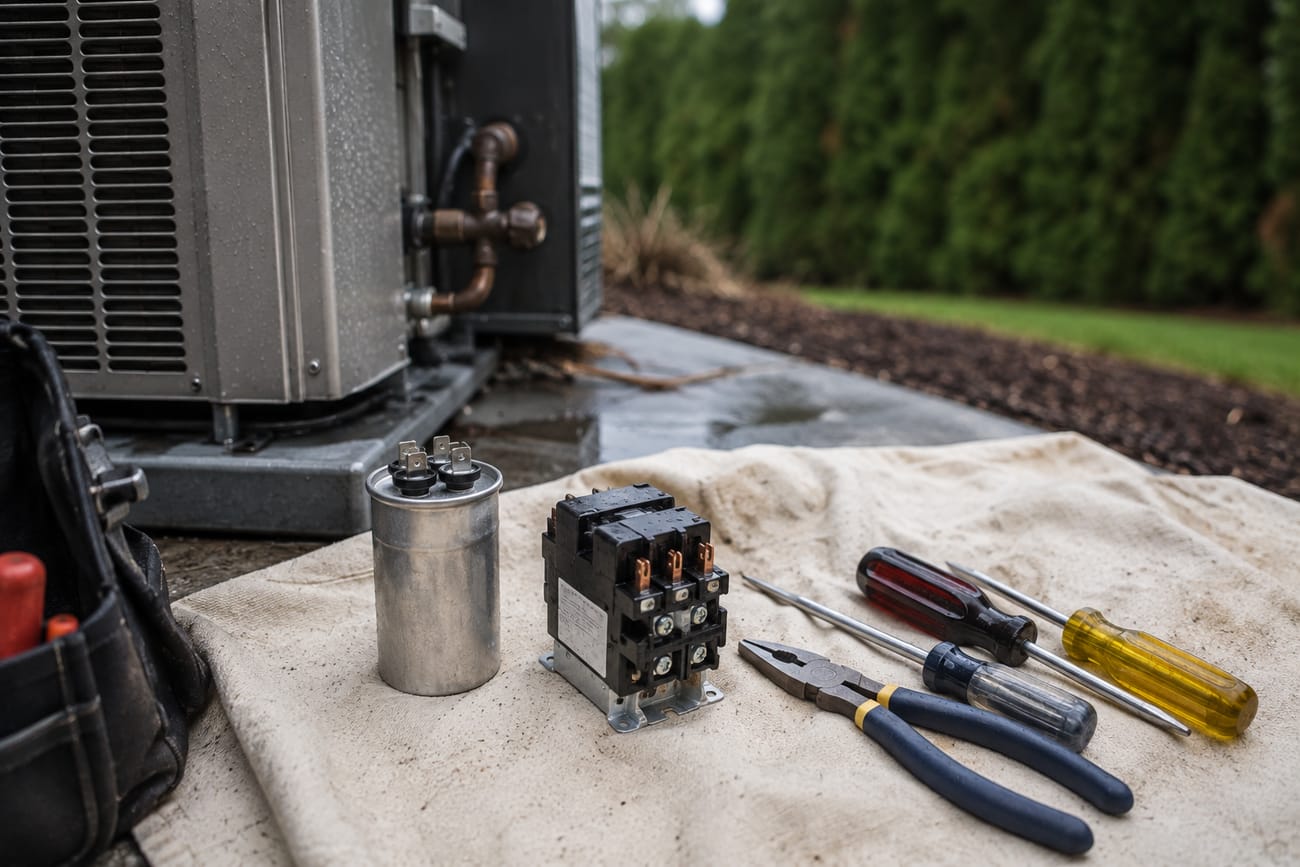 Electrical replacement components and hand tools beside an outdoor unit (illustrative placeholder).