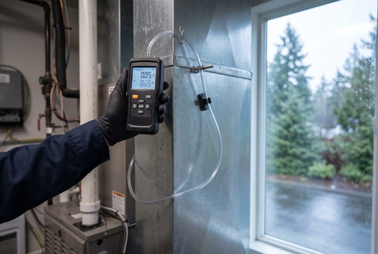 Illustration of a static-pressure test on ductwork.