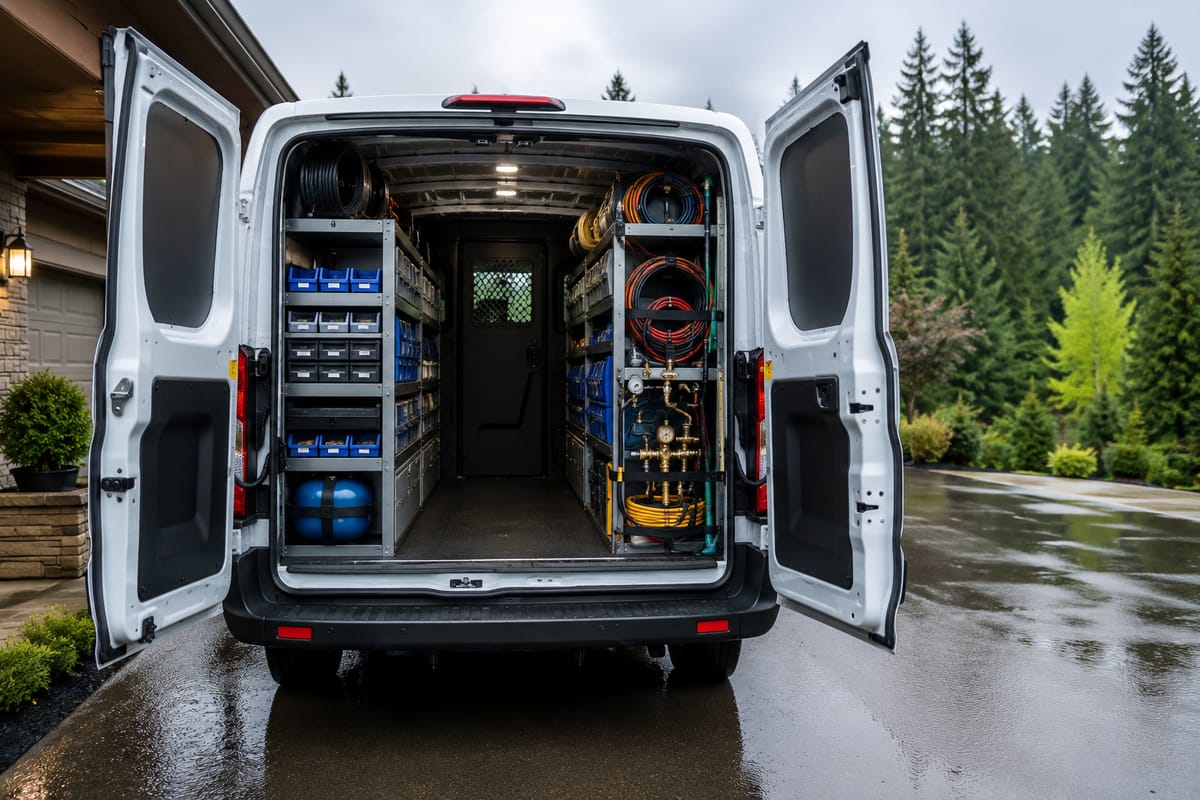 Organized shelving inside the work van (placeholder image)